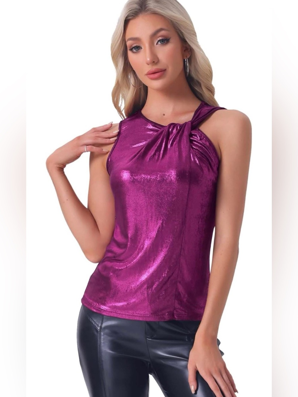 Allegra K Women's Purple Metallic Twist Knot Sparkly Tank Top small nwt